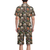 Skull rose humming bird flower pattern Men's V-Neck Short Pajama Set