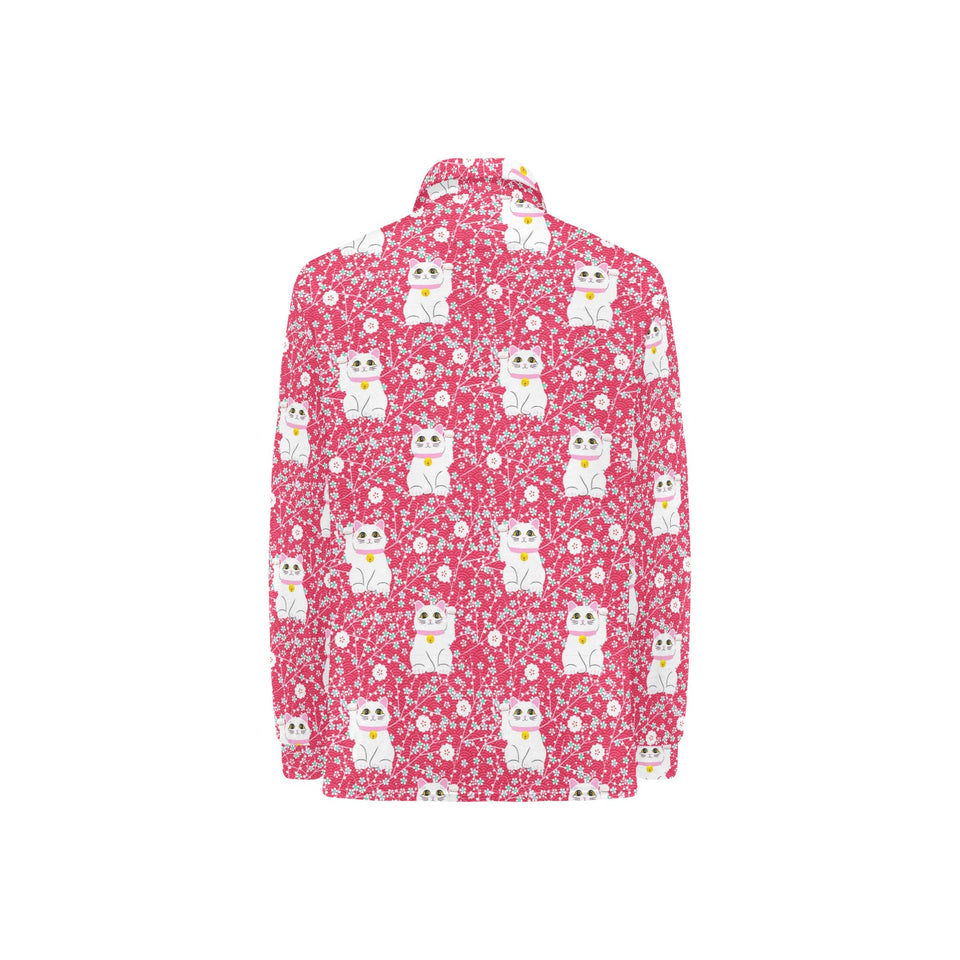 Maneki neko cat sakura pink background Women's Long Sleeve Polo Shirt