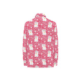 Maneki neko cat sakura pink background Women's Long Sleeve Polo Shirt