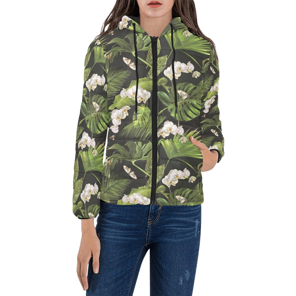 White orchid flower tropical leaves pattern blackg Women's Padded Hooded Jacket