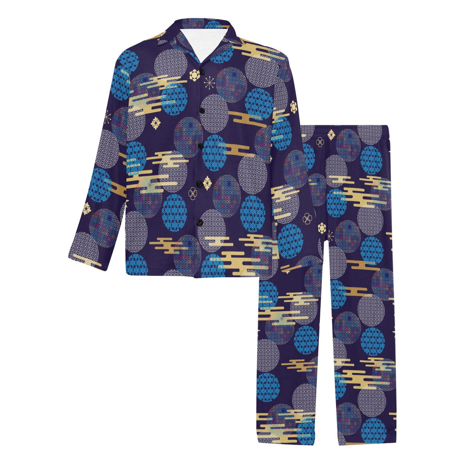 Blue japanese pattern cloud wave flower Men's Long Pajama Set