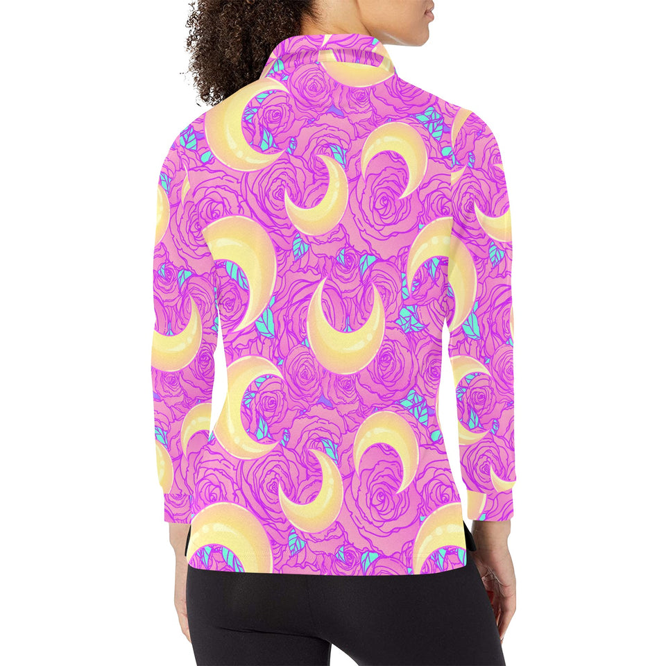 Moon pink rose background Women's Long Sleeve Polo Shirt
