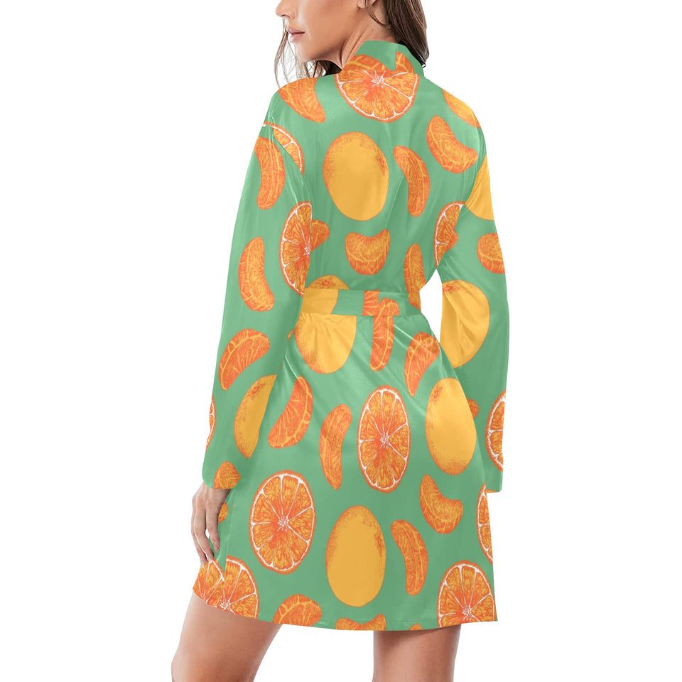 orange fruit pattern green background Women's Long Sleeve Belted Night Robe