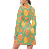 orange fruit pattern green background Women's Long Sleeve Belted Night Robe