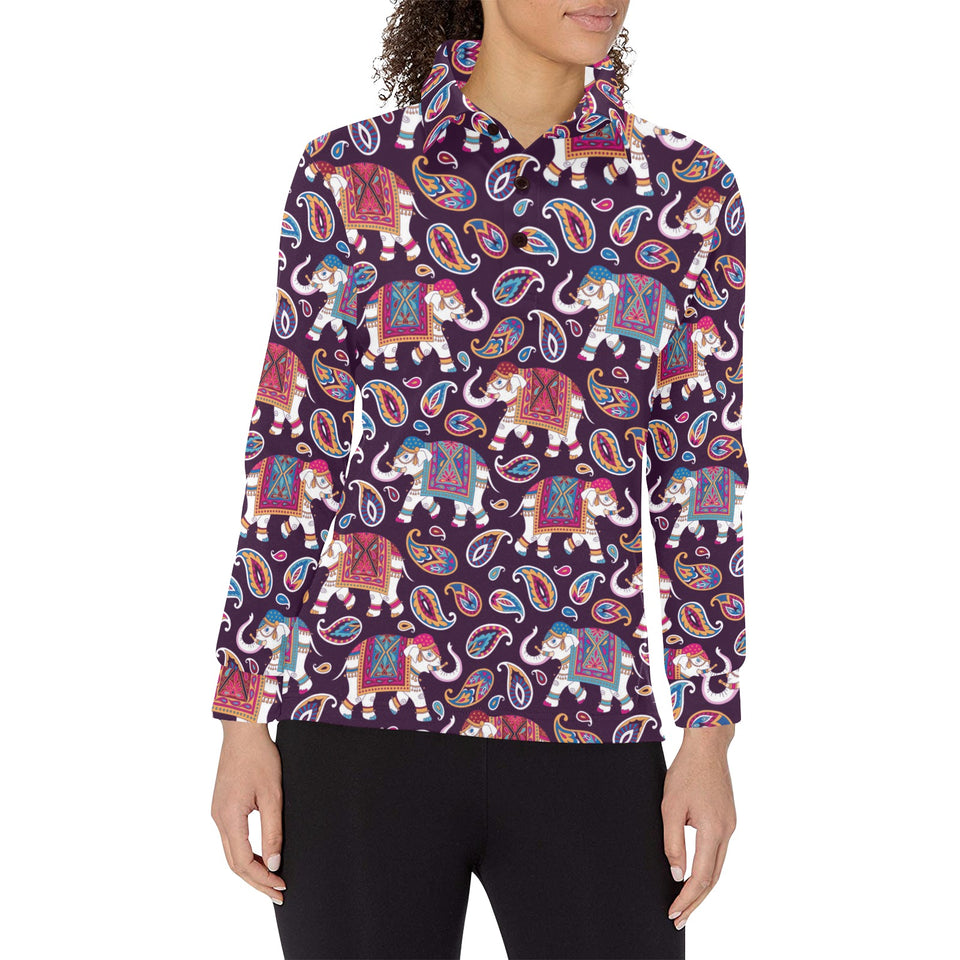 Elephant indian style ornament pattern Women's Long Sleeve Polo Shirt