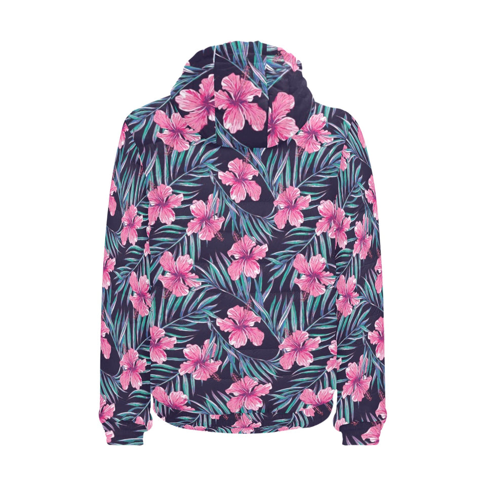 Hibiscus Pattern Print Design 05 Men's Padded Hooded Jacket