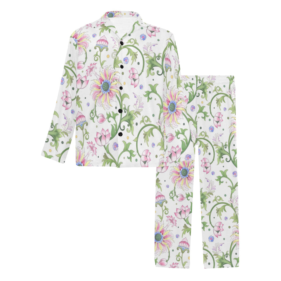 Beautiful pink lotus waterlily leaves pattern Men's Long Pajama Set