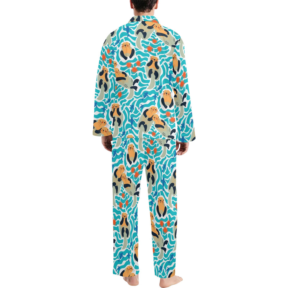 Cute sea otters fishe sea urchin pattern Men's Long Pajama Set