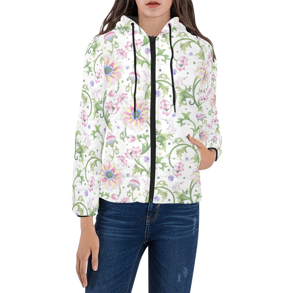 Beautiful pink lotus waterlily leaves pattern Women's Padded Hooded Jacket
