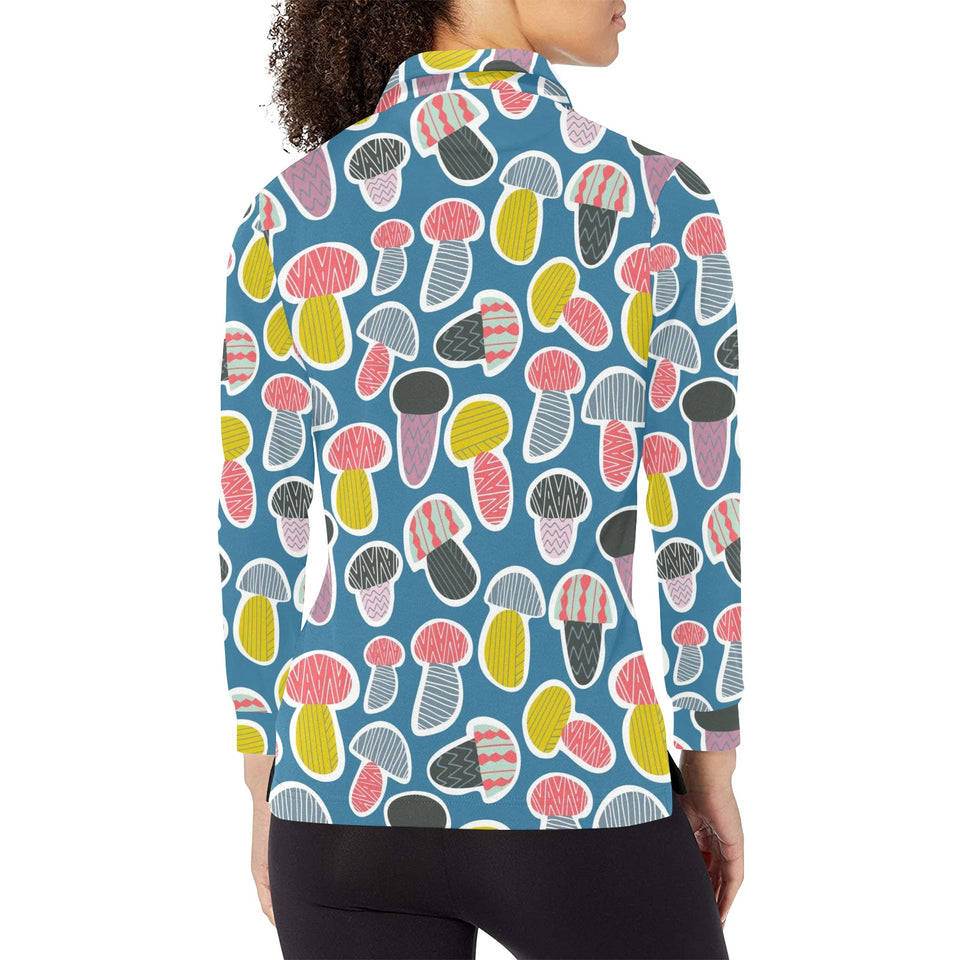 Colorful mushroom design pattern Women's Long Sleeve Polo Shirt