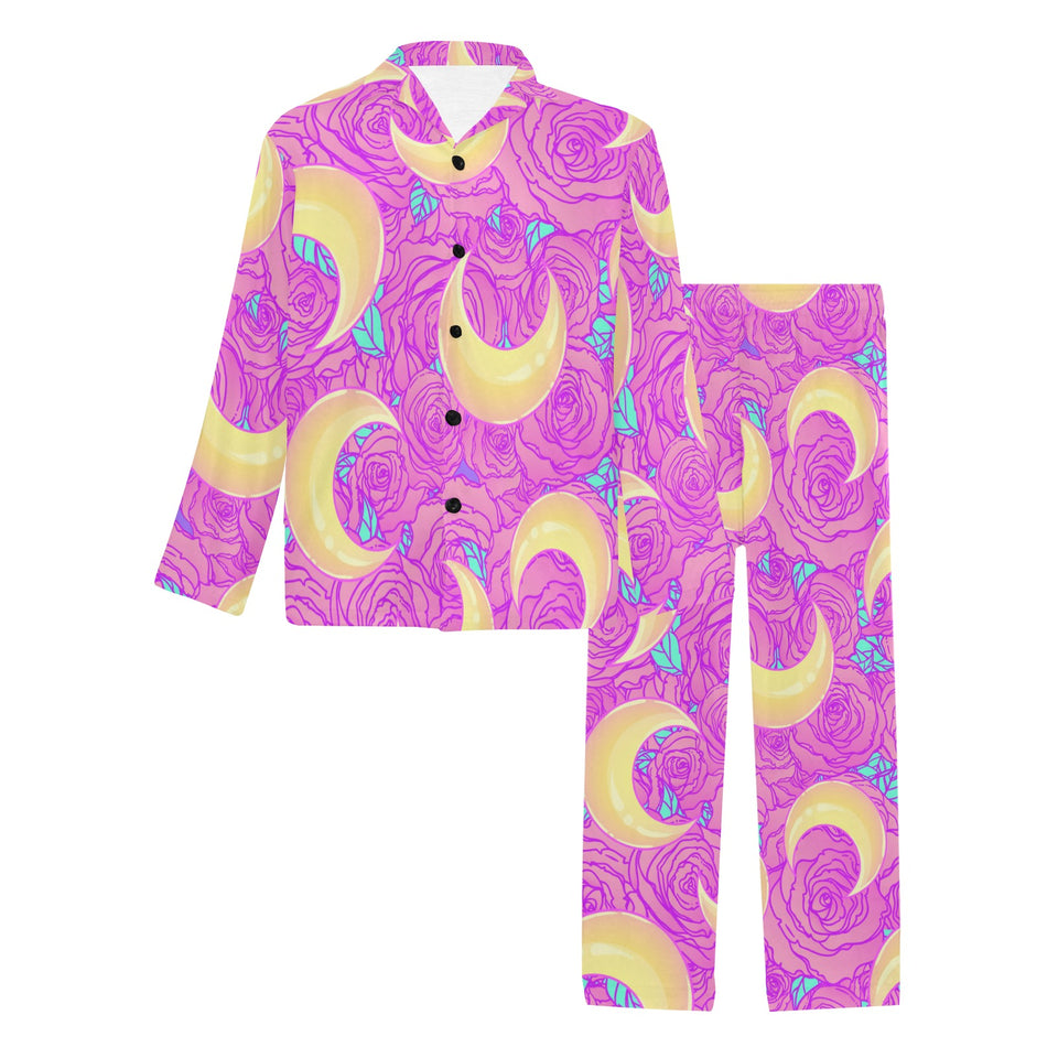 Moon pink rose background Men's Long Pajama Set