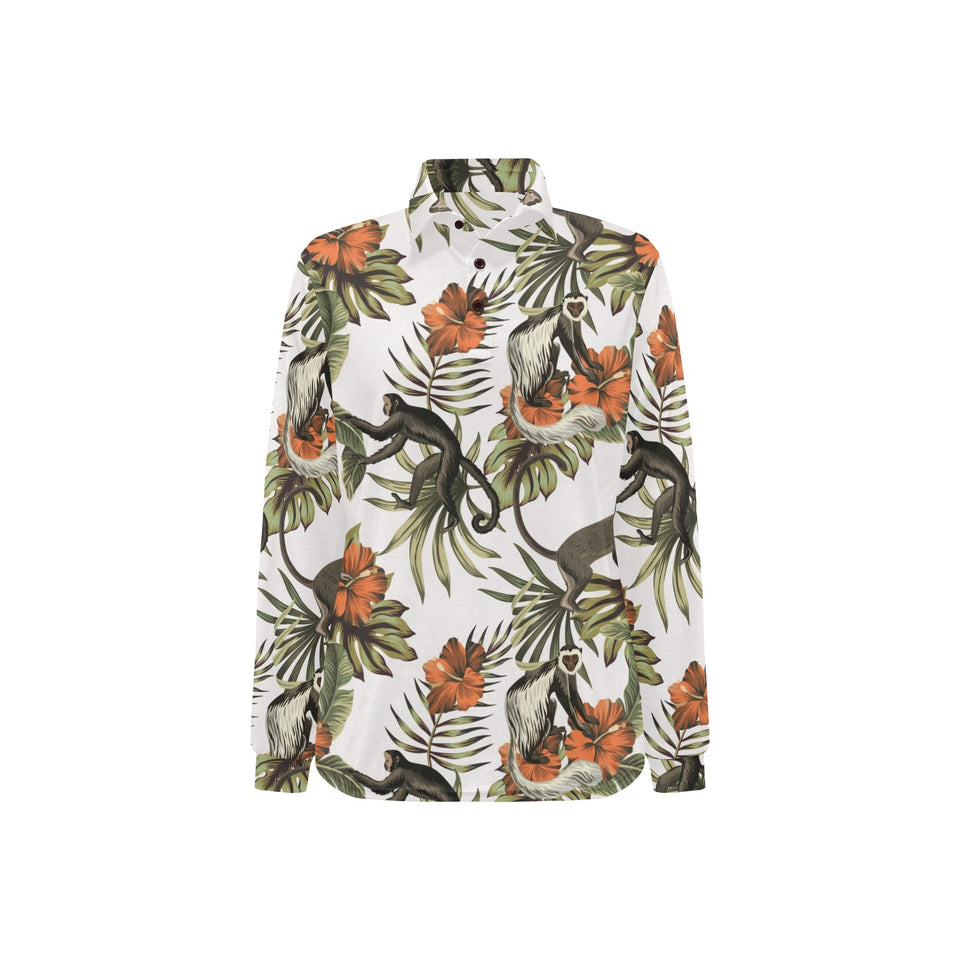 Monkey red hibiscus flower palm leaves floral patt Women's Long Sleeve Polo Shirt