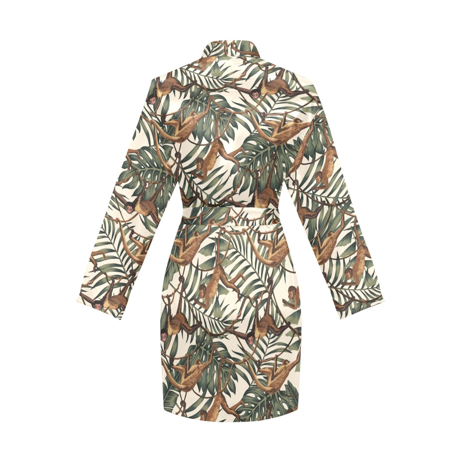 Monkey tropical leaves background Women's Long Sleeve Belted Night Robe
