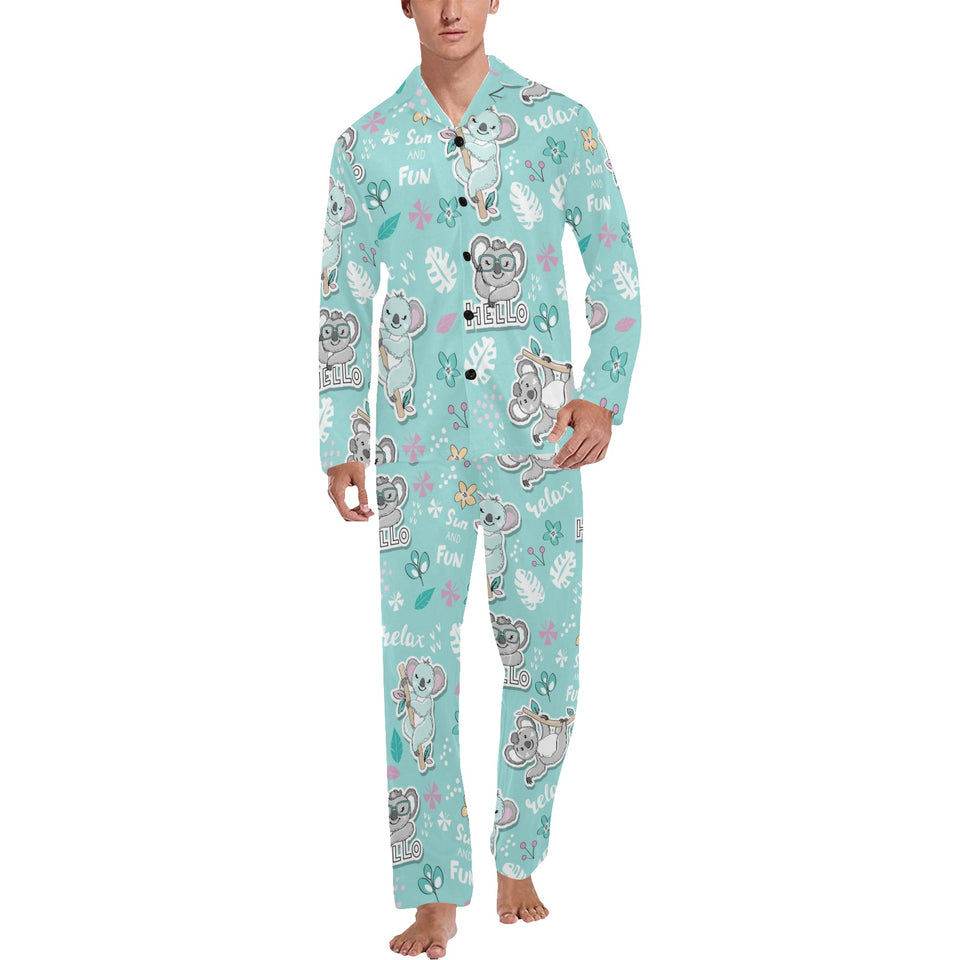Cute koalas blue background pattern Men's Long Pajama Set