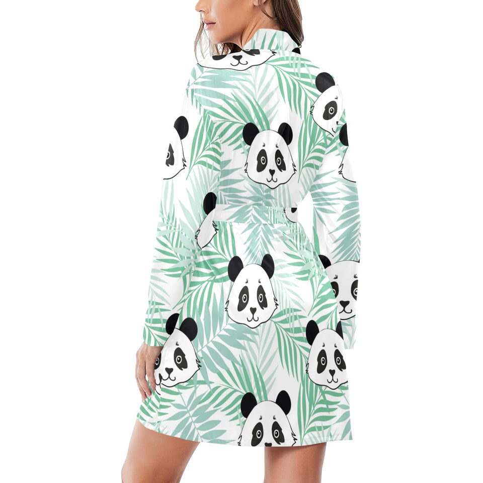 Panda pattern tropical leaves background Women's Long Sleeve Belted Night Robe