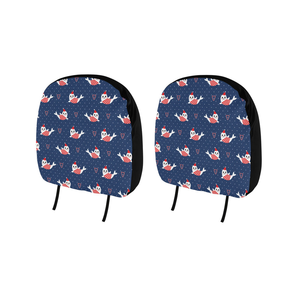 Cute sea lion seal christmas hat candy cane heart Car Headrest Cover