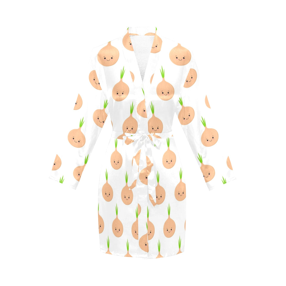 cute onions smiling faces Women's Long Sleeve Belted Night Robe