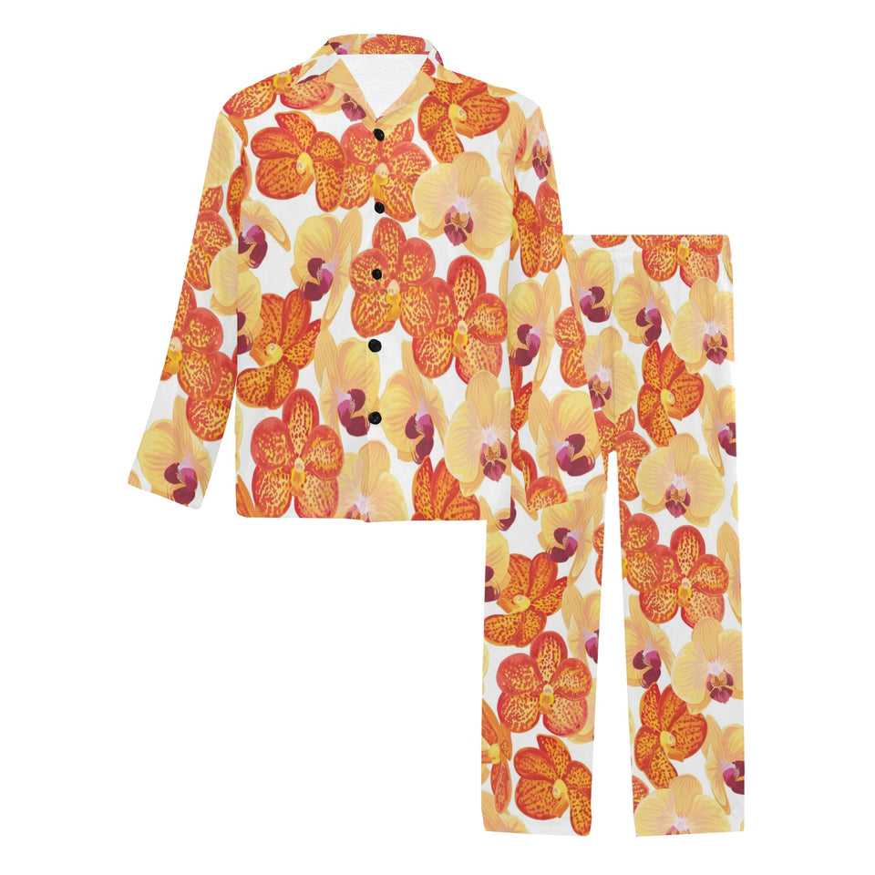 Orange yellow orchid flower pattern background Men's Long Pajama Set