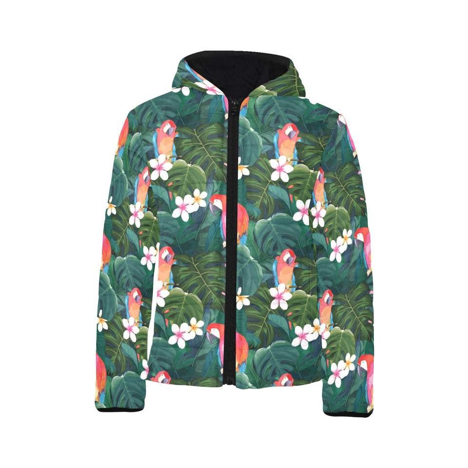 Parrot Palm tree leaves flower hibiscus pattern Kids' Boys' Girls' Padded Hooded Jacket