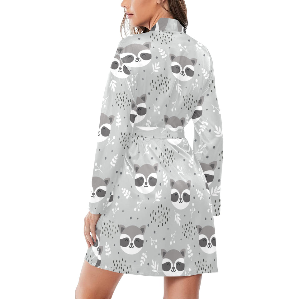 Cute raccoons leaves dot Women's Long Sleeve Belted Night Robe
