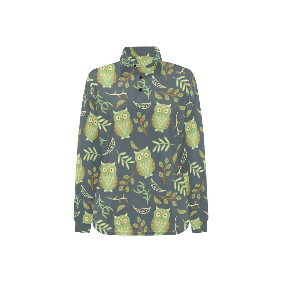 Cute owls leaves pattern Women's Long Sleeve Polo Shirt