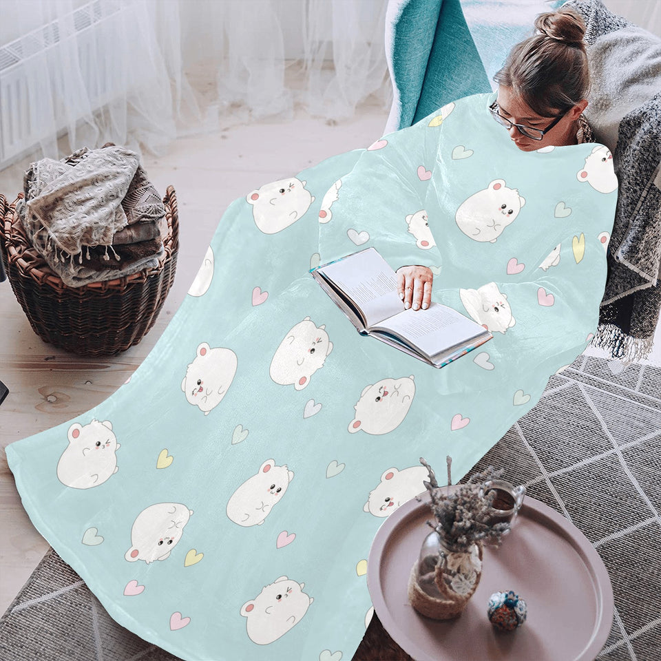 White cute hamsters heart pattern Blanket Robe with Sleeves