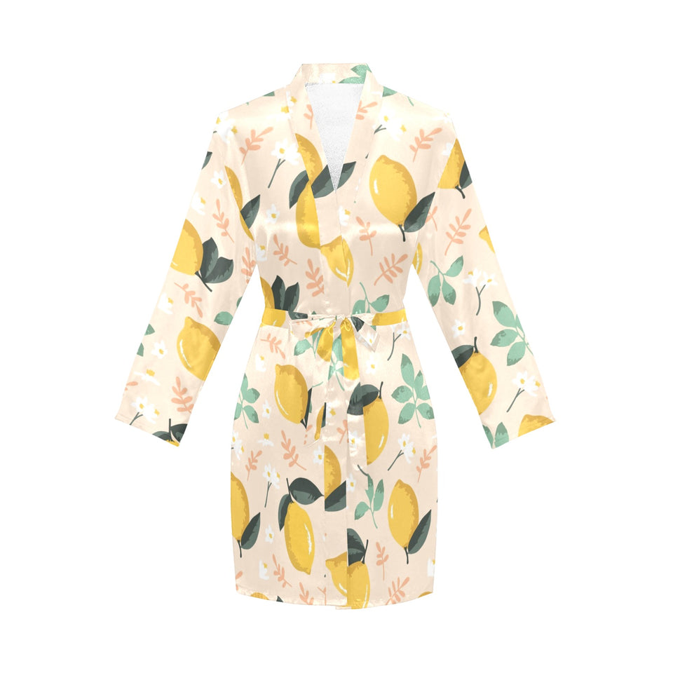 lemon flower leave pattern Women's Long Sleeve Belted Night Robe