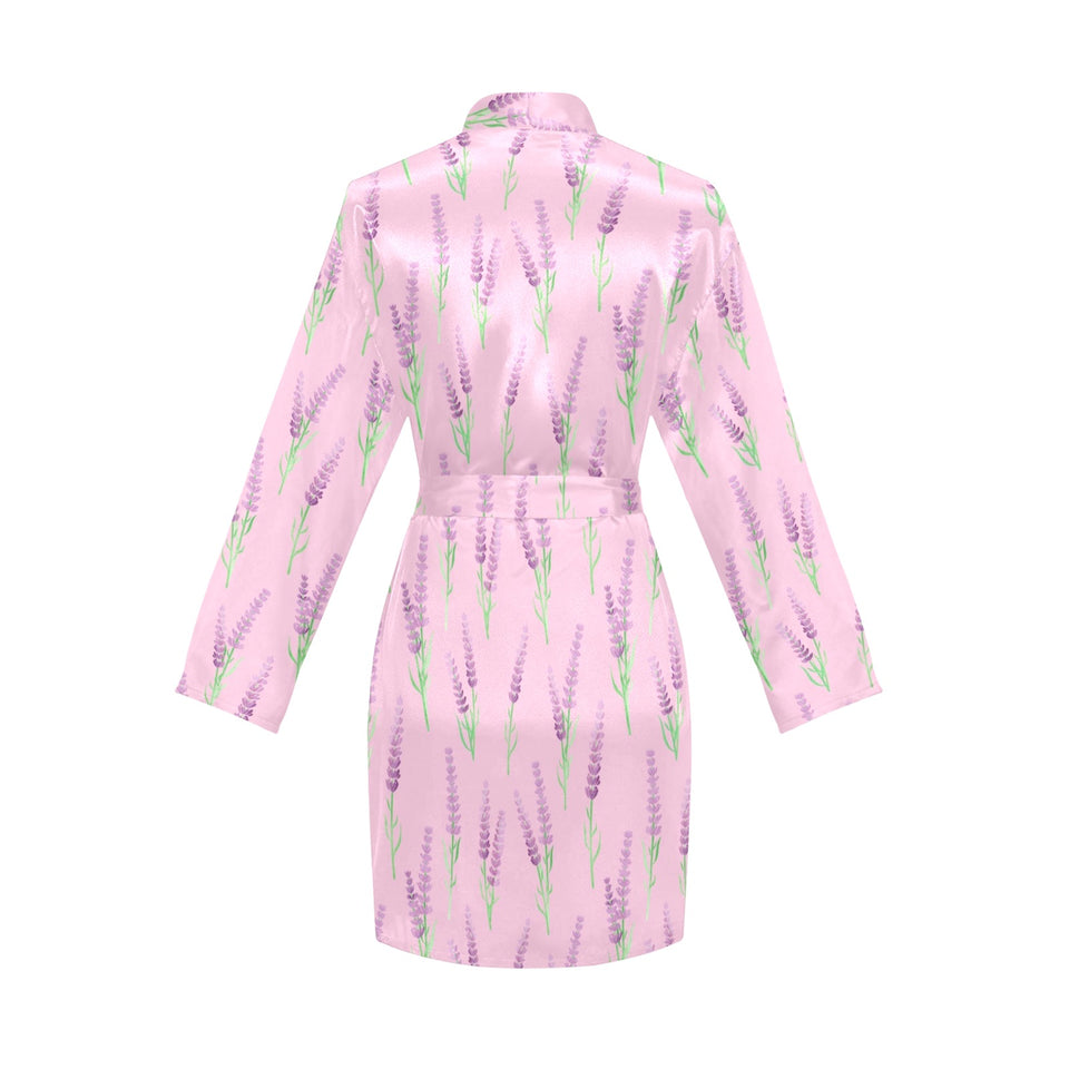 Lavender pattern pink background Women's Long Sleeve Belted Night Robe