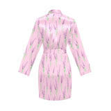 Lavender pattern pink background Women's Long Sleeve Belted Night Robe