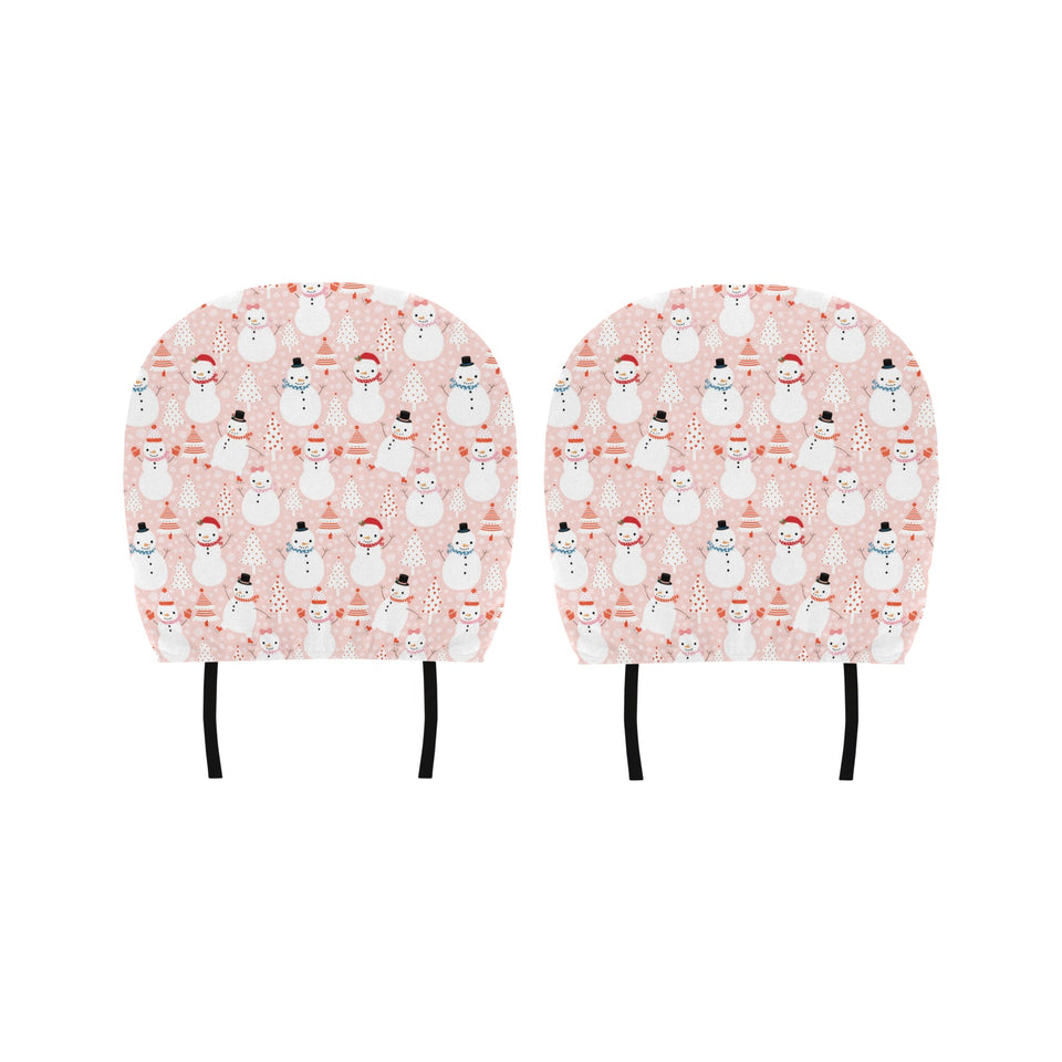 Cute snowman christmas tree snowpink background Car Headrest Cover