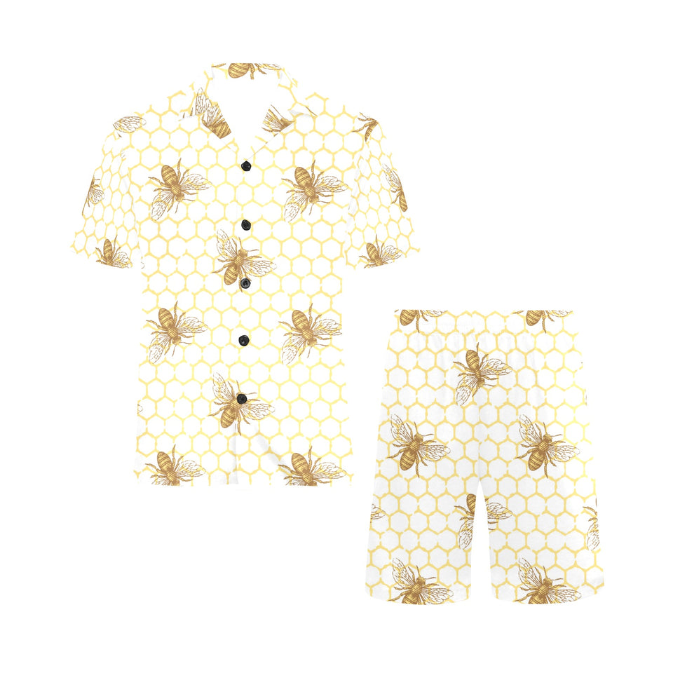 Bee honeycomb seamless design pattern Men's V-Neck Short Pajama Set