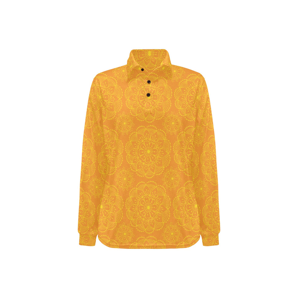 Orange traditional indian element pattern Women's Long Sleeve Polo Shirt