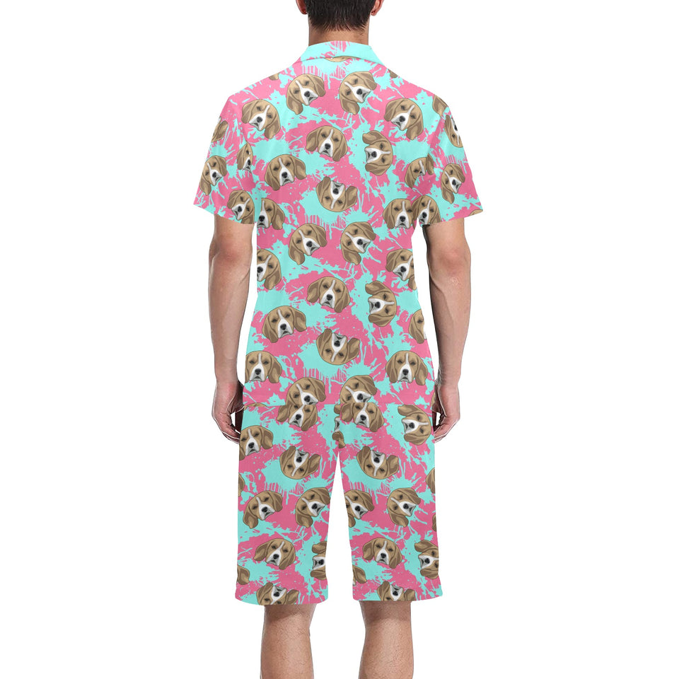 Beagle muzzles turquoise paint splashes pink patte Men's V-Neck Short Pajama Set