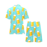 Beer pattern green background Men's V-Neck Short Pajama Set