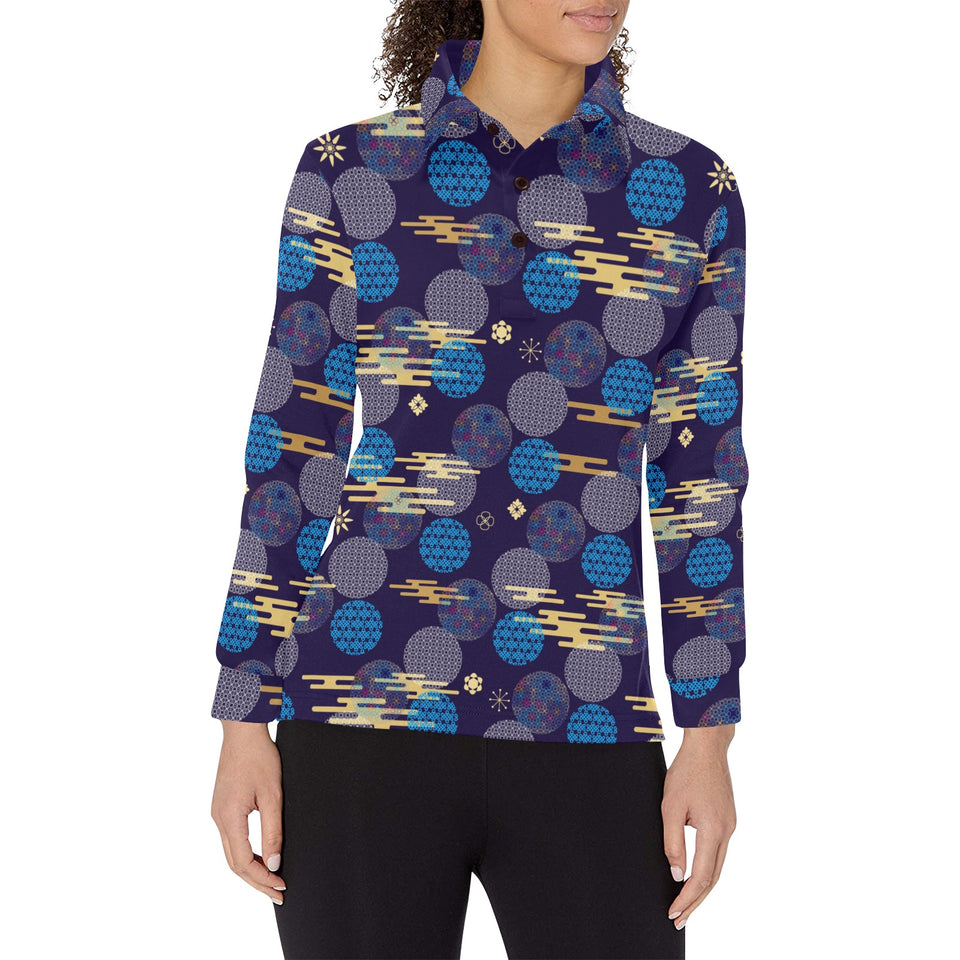 Blue japanese pattern cloud wave flower Women's Long Sleeve Polo Shirt
