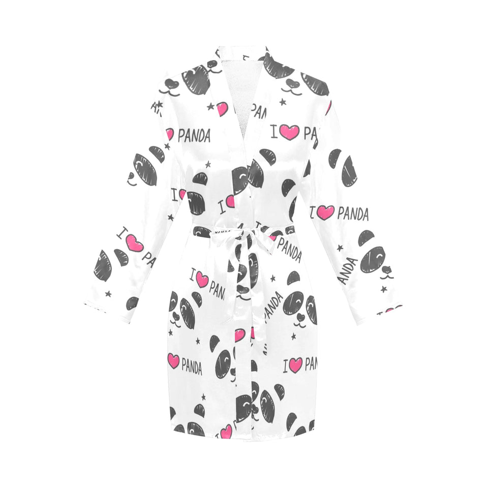 Hand Drawn faces of pandas pattern Women's Long Sleeve Belted Night Robe