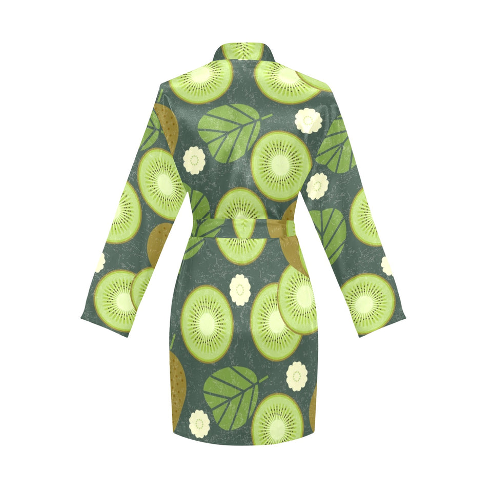 Whole sliced kiwi leave and flower Women's Long Sleeve Belted Night Robe