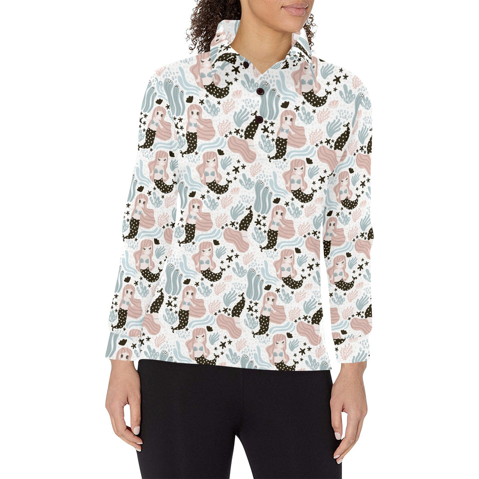 cute mermaid pattern Women's Long Sleeve Polo Shirt
