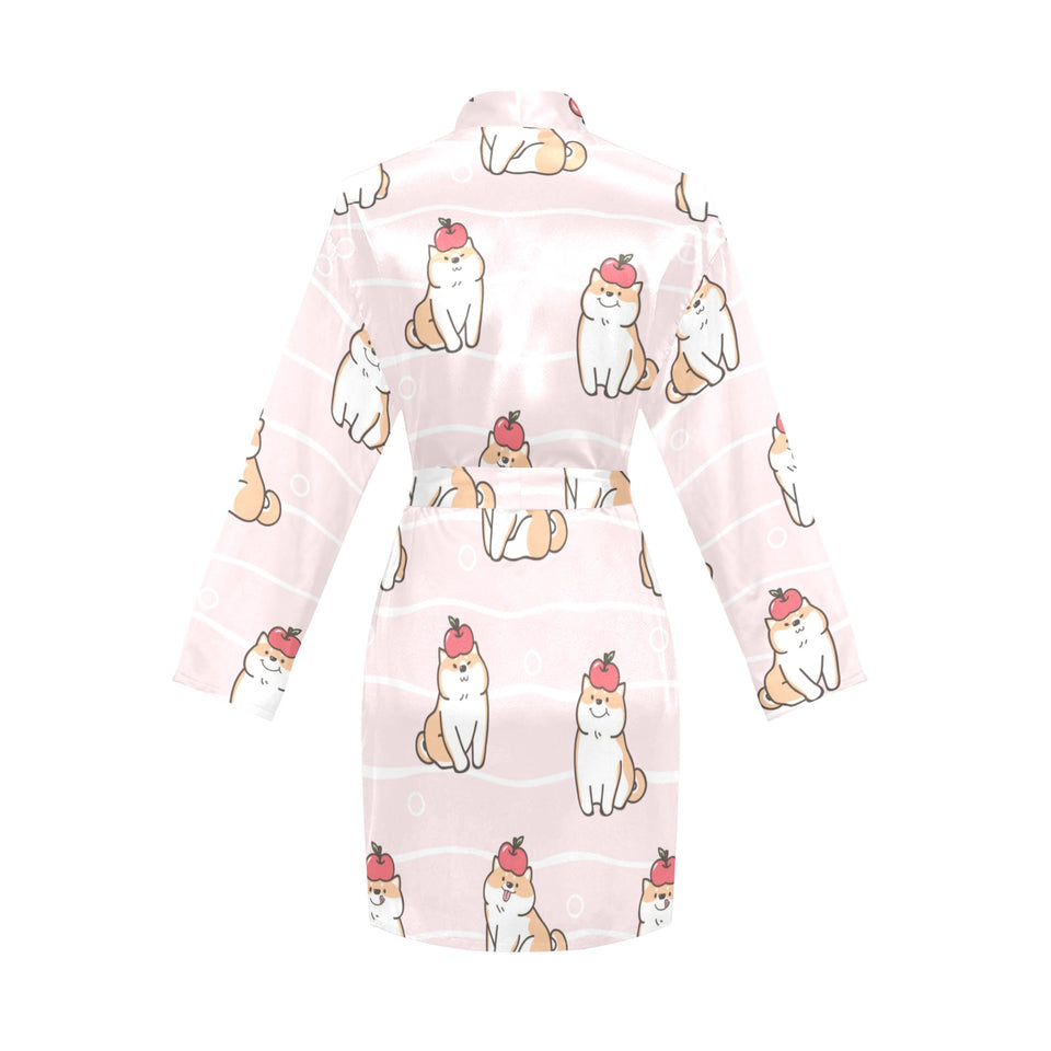 Cute Shiba Inu Dog Apple pattern Women's Long Sleeve Belted Night Robe