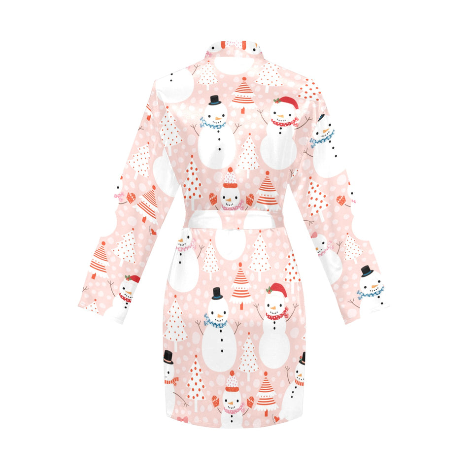 Cute snowman christmas tree snowpink background Women's Long Sleeve Belted Night Robe