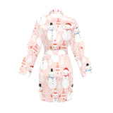 Cute snowman christmas tree snowpink background Women's Long Sleeve Belted Night Robe