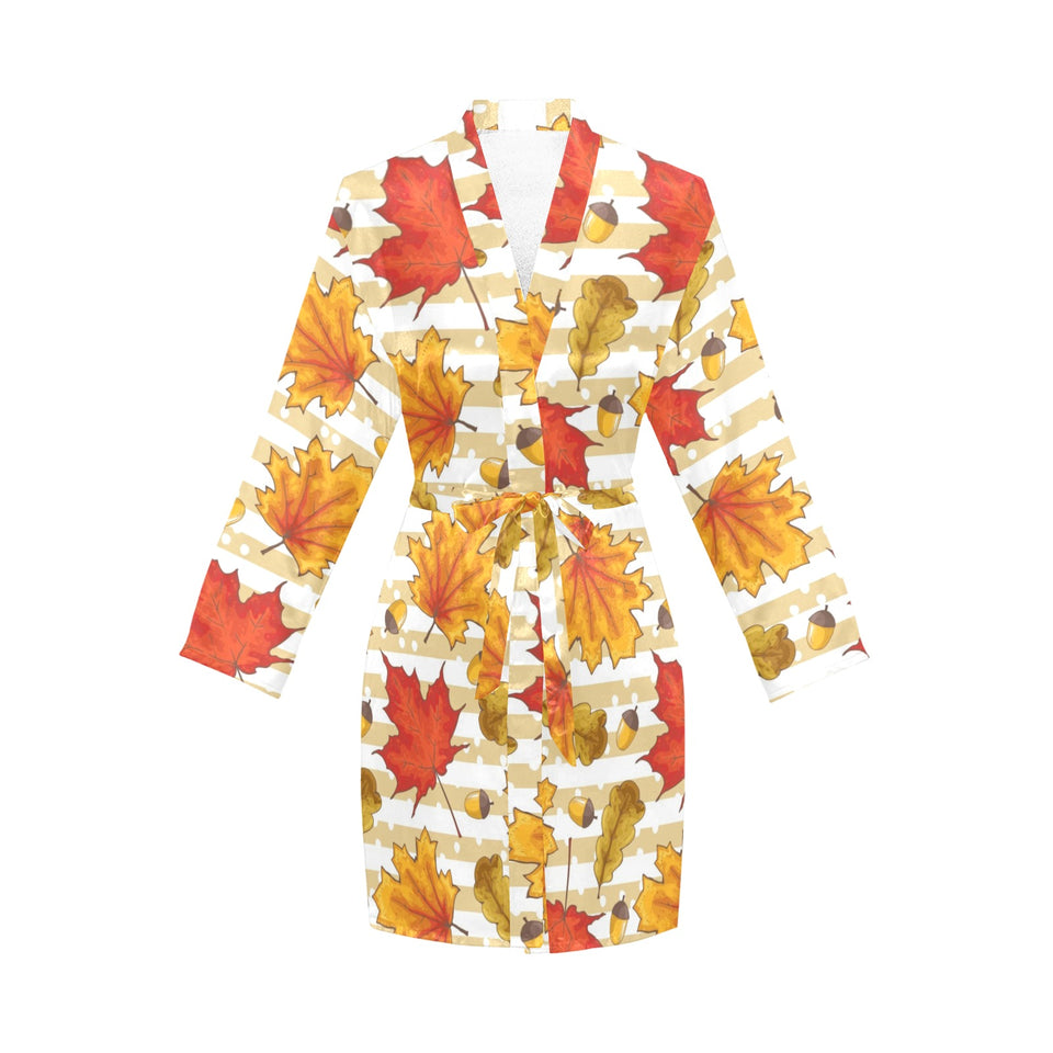 Maple leaf oak leaf acorns beige striped backgroun Women's Long Sleeve Belted Night Robe