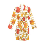 Maple leaf oak leaf acorns beige striped backgroun Women's Long Sleeve Belted Night Robe