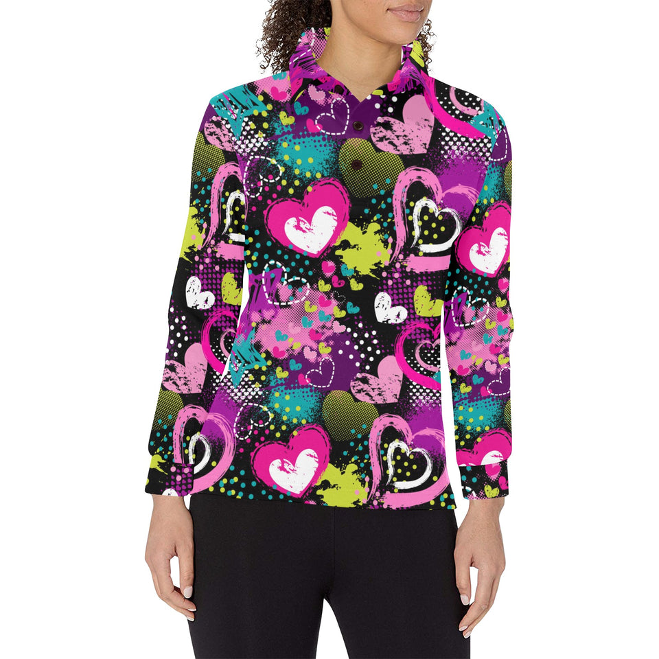 heart dot wave star creative design pattern Women's Long Sleeve Polo Shirt