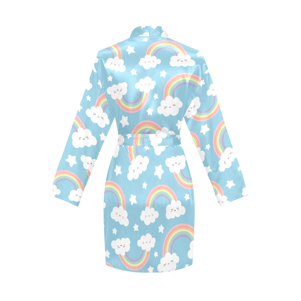 Cute rainbow clound star pattern blue background Women's Long Sleeve Belted Night Robe