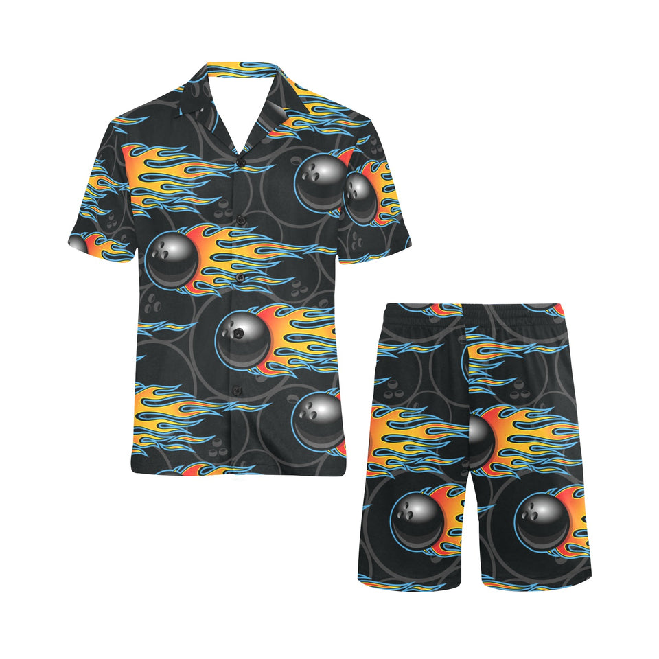 Bowling balls flame pattern Men's V-Neck Short Pajama Set
