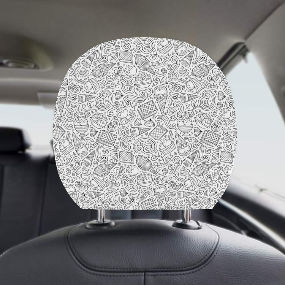 Cartoon hand drawn ice cream black white Car Headrest Cover