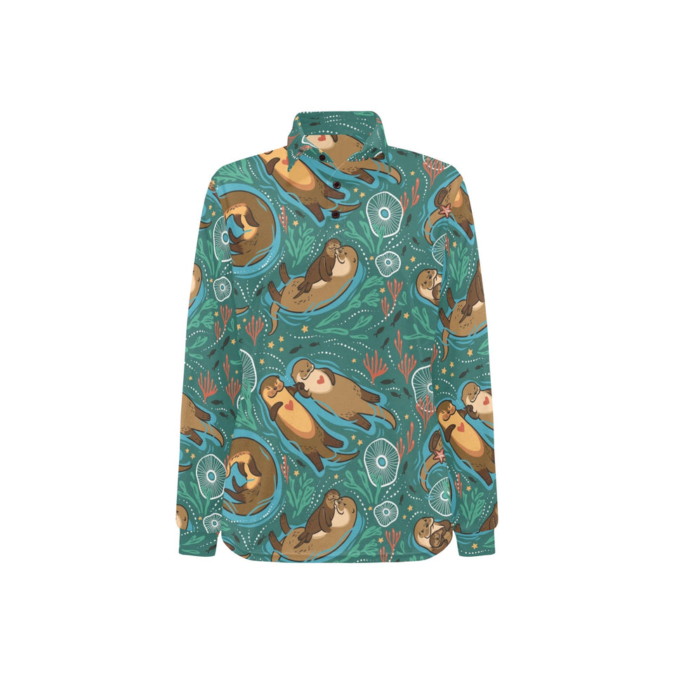 cute brown sea otters ornamental seaweed corals gr Women's Long Sleeve Polo Shirt
