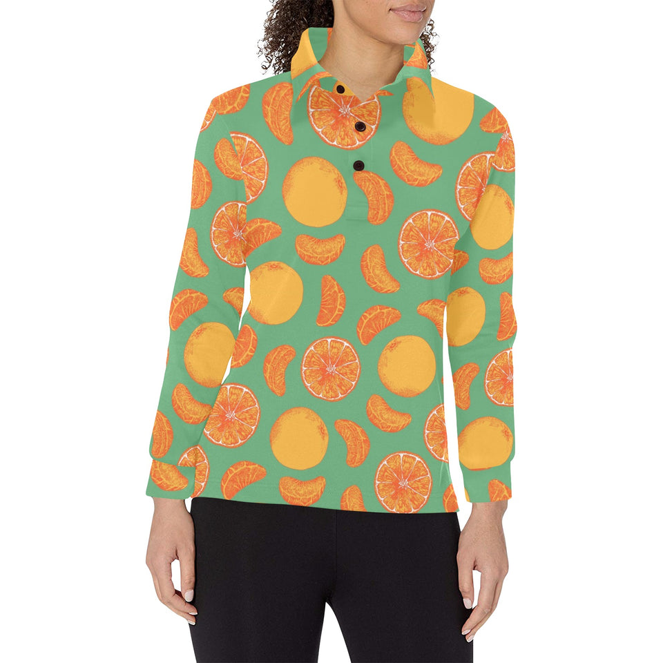 orange fruit pattern green background Women's Long Sleeve Polo Shirt