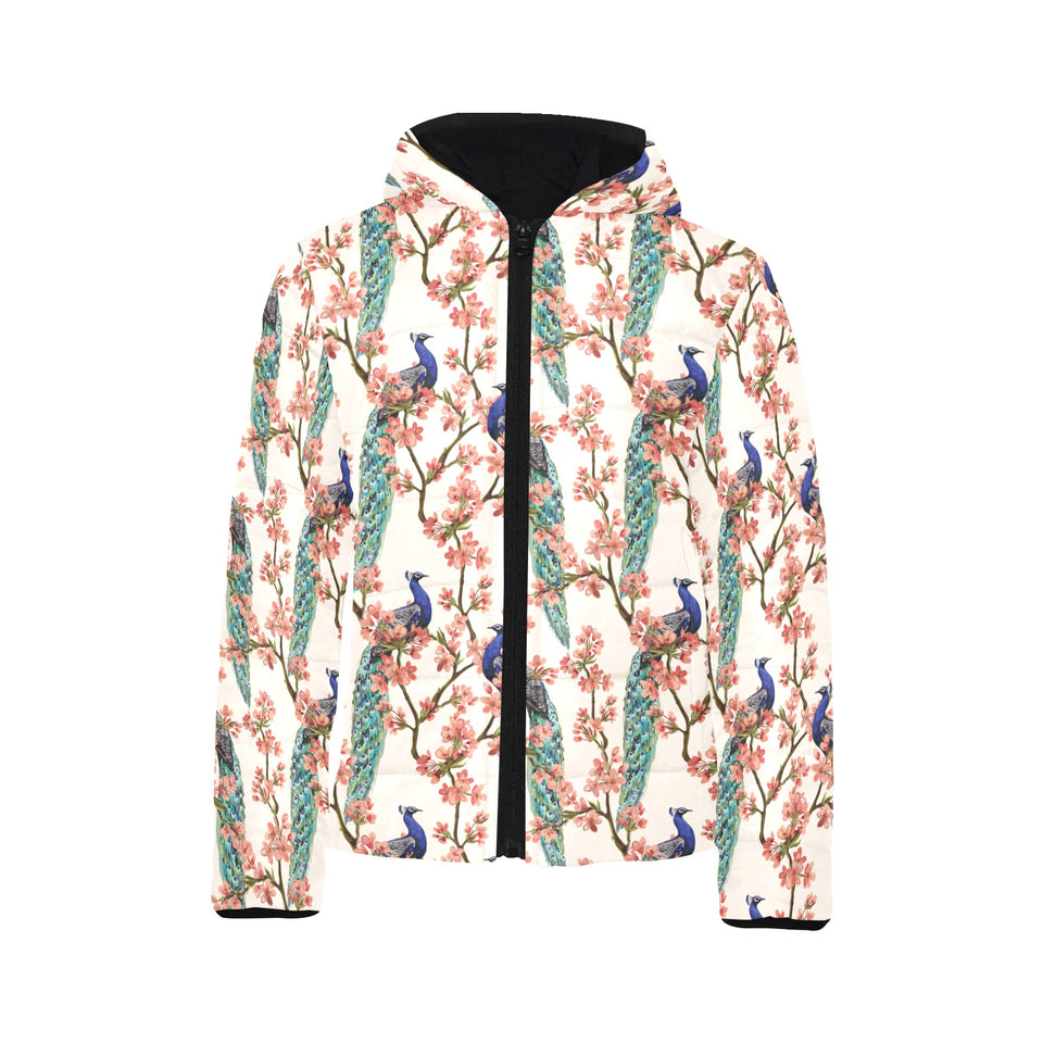 Peacock tropical flower pattern Kids' Boys' Girls' Padded Hooded Jacket